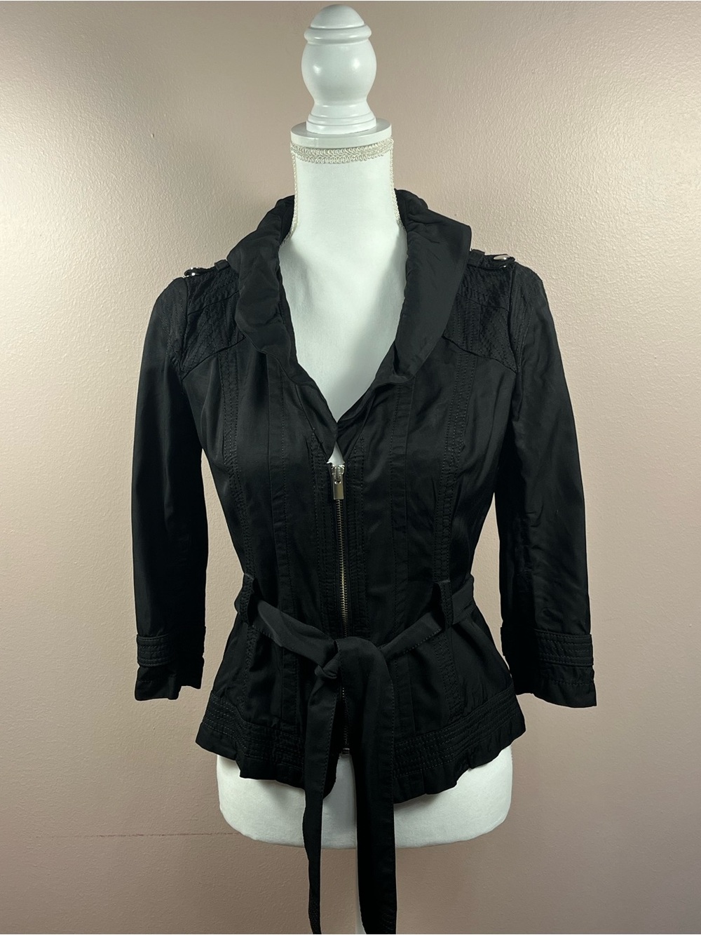White House Black Market Black Zip-Front Utility Jacket with Tie Waist